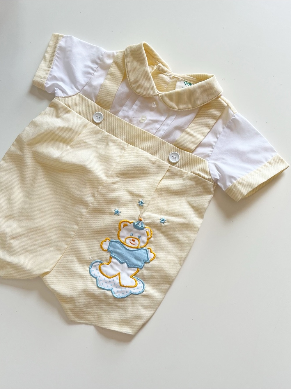 Vintage Tiny Tots Yellow Teddy Bear Collared Overall Romper | 6-9m